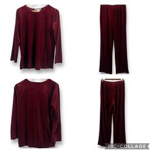 Vintage Passports Women's S Crushed Velvet Pajama Set Burgundy Red Ribbed Luxe